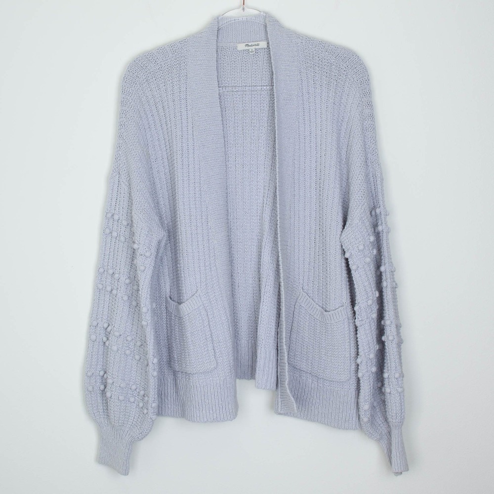 Madewell Gray Pom Pom Sleeve‎ Open Front Cardigan Sweater Womens Size M Chunky